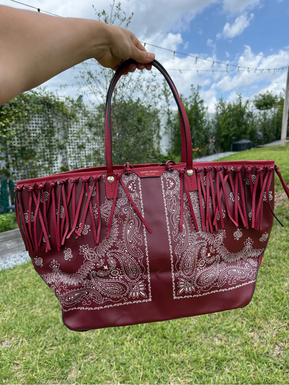henri bendel Burgundy Paisley Fringe Tote